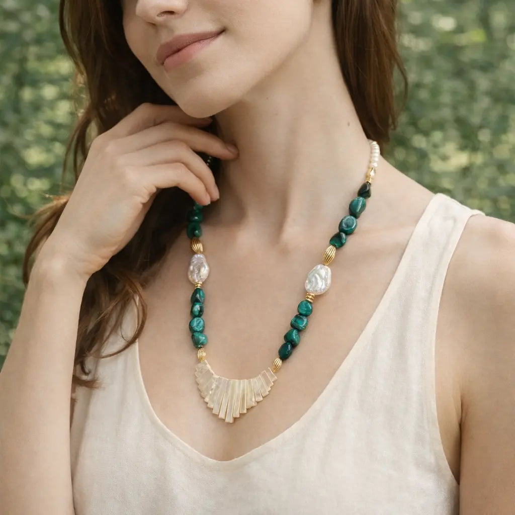 Malachite Necklace, Mother of Pearl Statement Necklace view 5